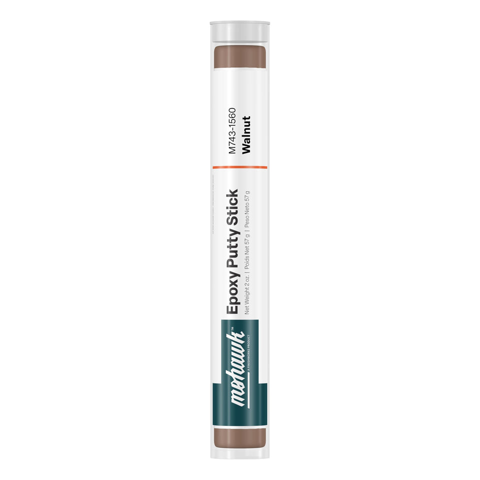 Mohawk Epoxy Putty Stick Walnut close-up for quick wood scratch repair.