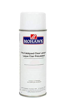 Mohawk pre-catalyzed clear finish satin bottle demonstrates durable, clear coating for furniture and cabinetry.