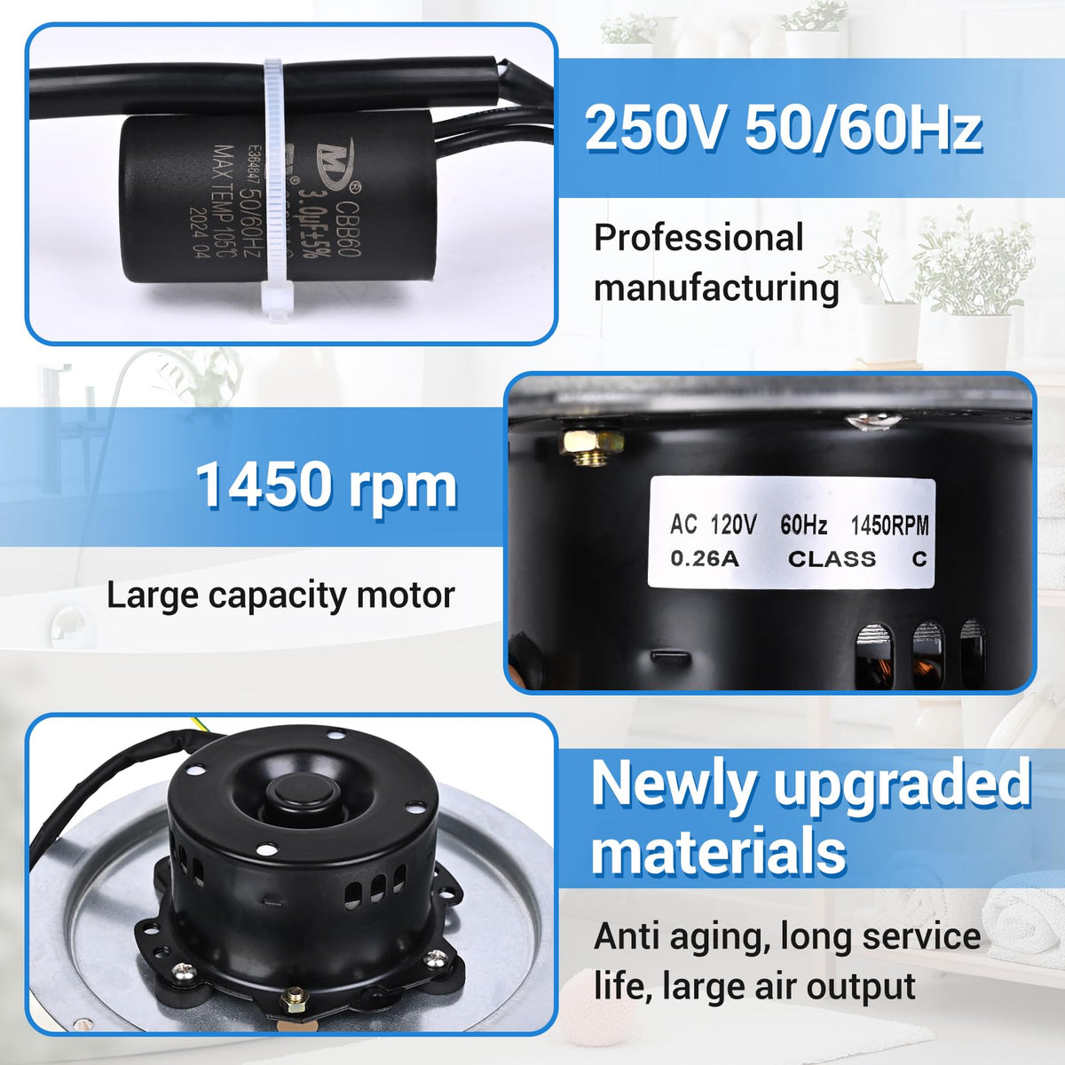 MOHTOL QT-110N-B motor with blower wheel for Nutone fans.