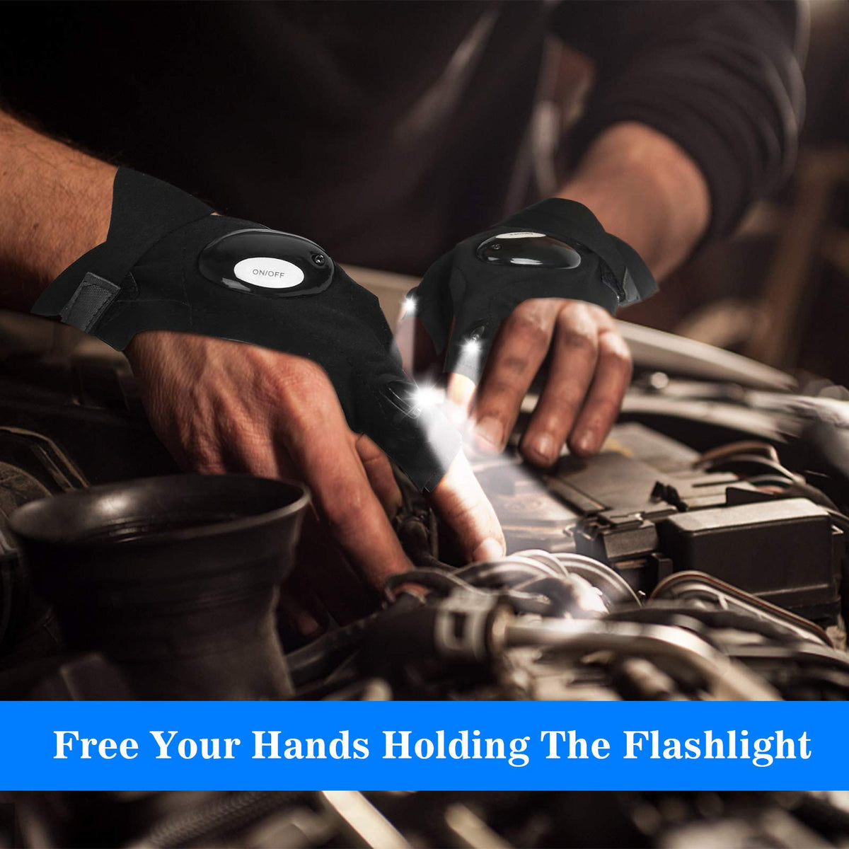 MOIPEJO LED flashlight gloves at campsite providing hands-free light at night