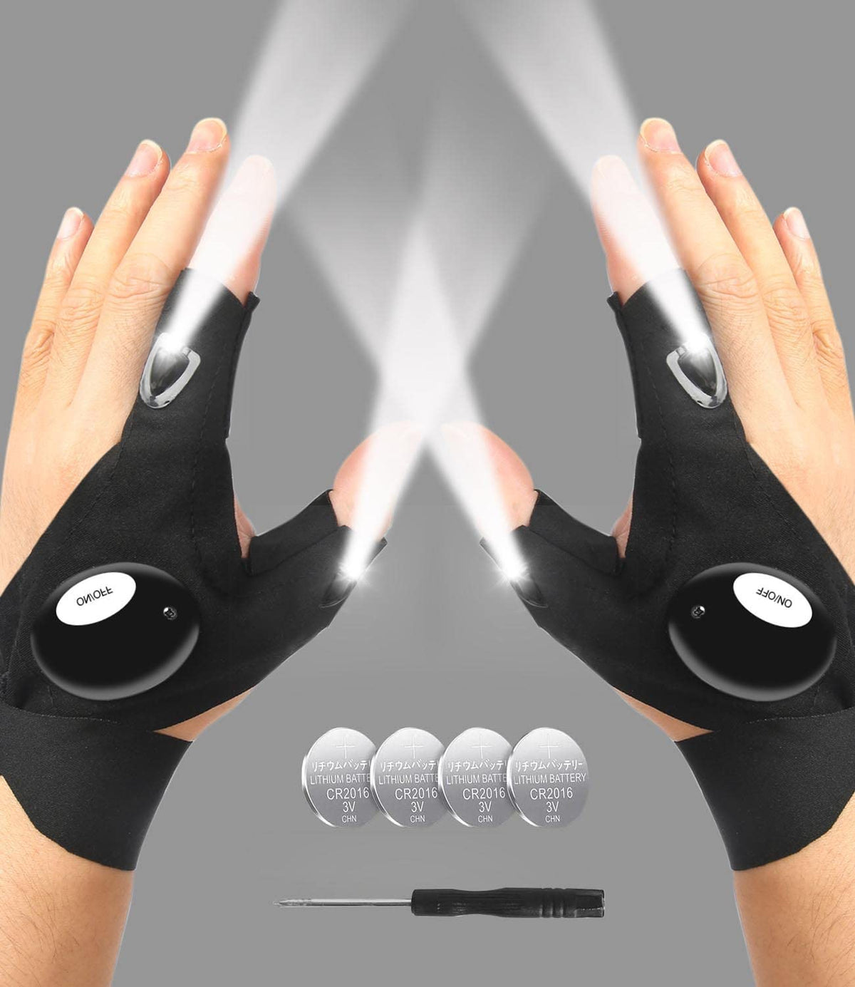 MOIPEJO LED flashlight gloves front view showing hands-free illumination