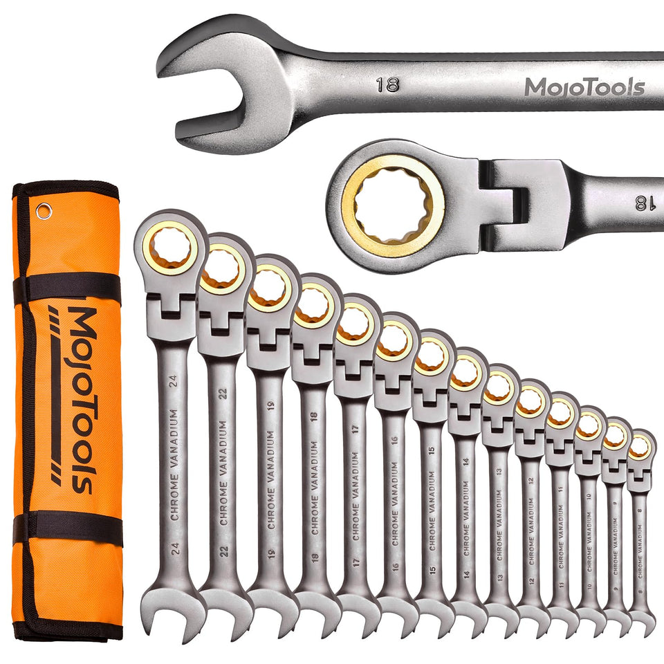 MoJoTools 23-piece flex-head wrench set front view for versatile automotive work