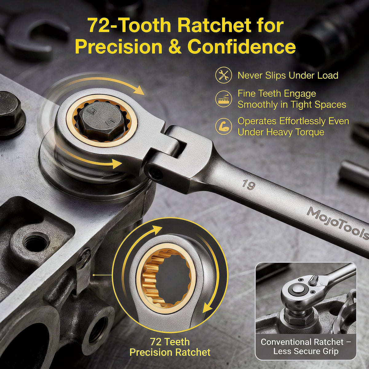 MoJoTools 72-tooth ratchet closeup enables small 5° swing