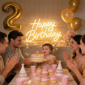 Mojoish LED birthday sign illuminated setup enhances party ambiance in any room