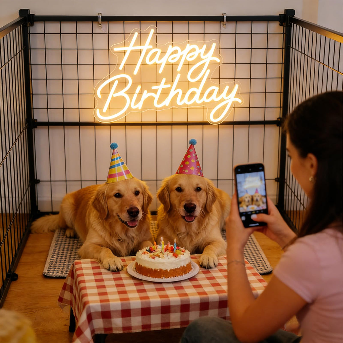Mojoish neon sign as a photo backdrop at a cake table for memories