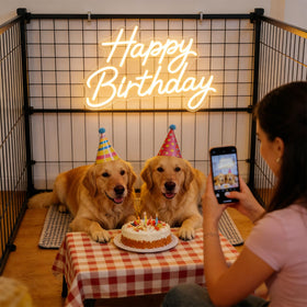 Mojoish neon sign as a photo backdrop at a cake table for memories