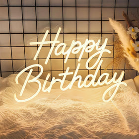 Mojoish Happy Birthday Neon Sign with balloons brightens the birthday backdrop for a festive look