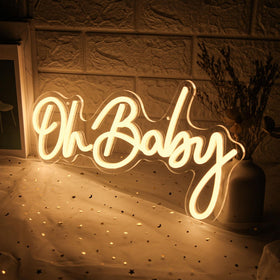 Mojoish Oh Baby neon sign backdrop glow enhances photos with soft luminance.