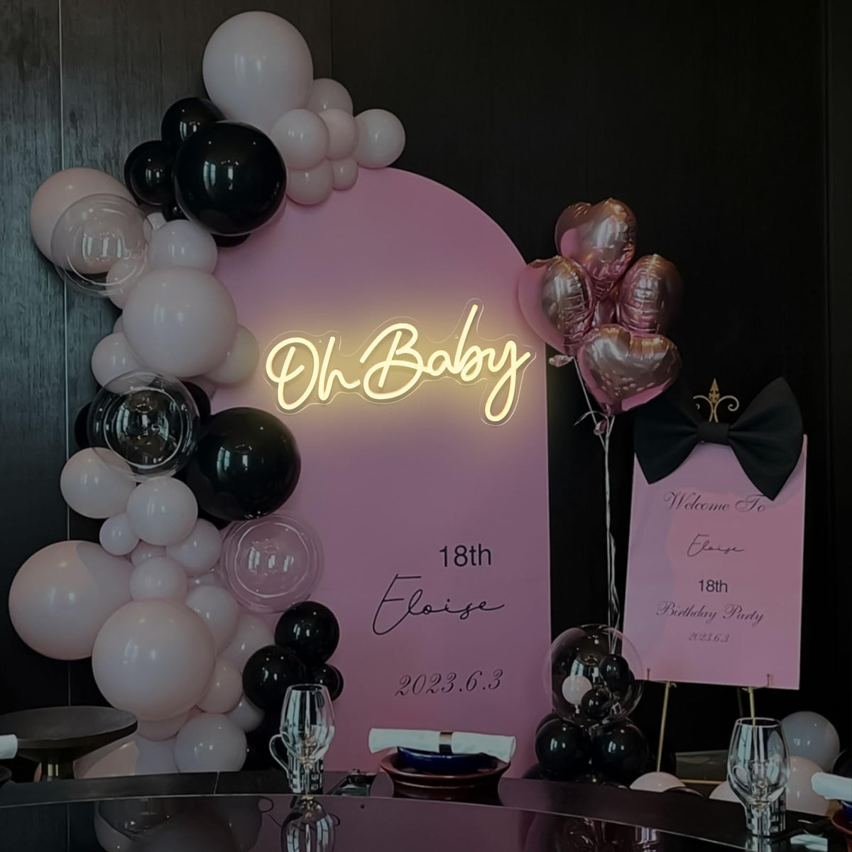 Mojoish Oh Baby neon sign wall mount emphasizes focal decor at events.