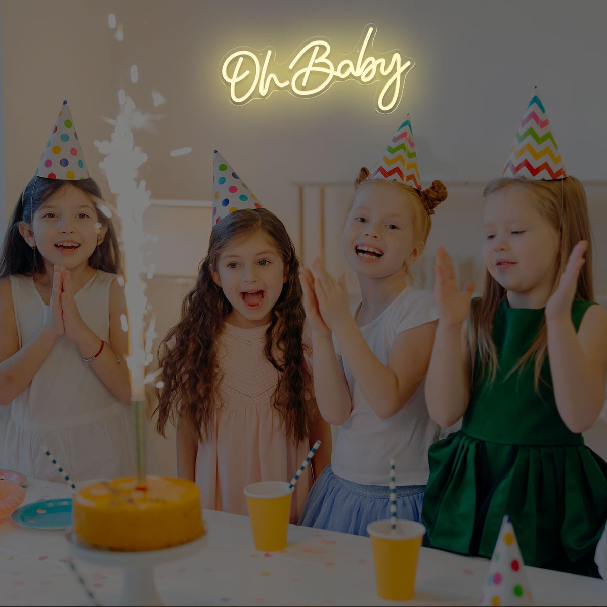 Mojoish Oh Baby neon sign nursery decor adds cozy warmth to rooms.