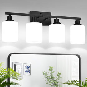 MOKATNG four-light bathroom fixture with milky shades over the mirror for diffused illumination.