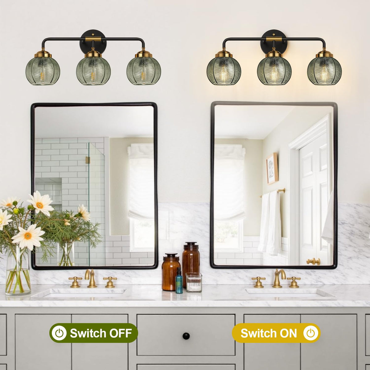 MOKATNG vanity light shows matte black frame with gold trim over mirror