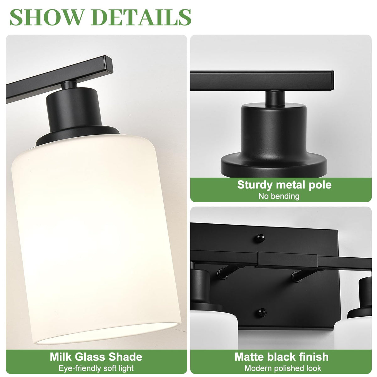 MOKATNG bathroom vanity light with milk glass shade provides soft, eye-friendly illumination.
