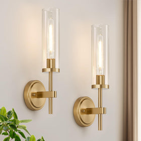 MOKATNG hardwired wall sconces in brushed gold with clear glass for versatile lighting.
