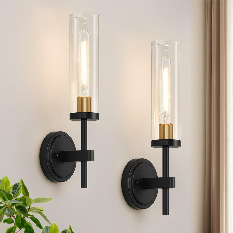 MOKATNG wall sconce with black and gold frame and glass shade for bathroom mood lighting