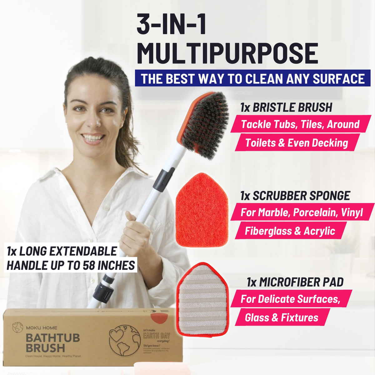 Moku Home 3-in-1 attachments enable non-scratch cleaning on diverse surfaces.