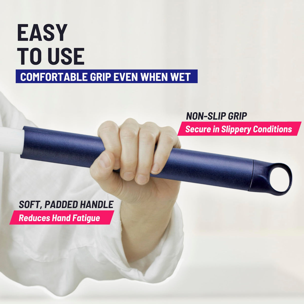 Moku Home padded ergonomic handle reduces hand fatigue during scrubbing.