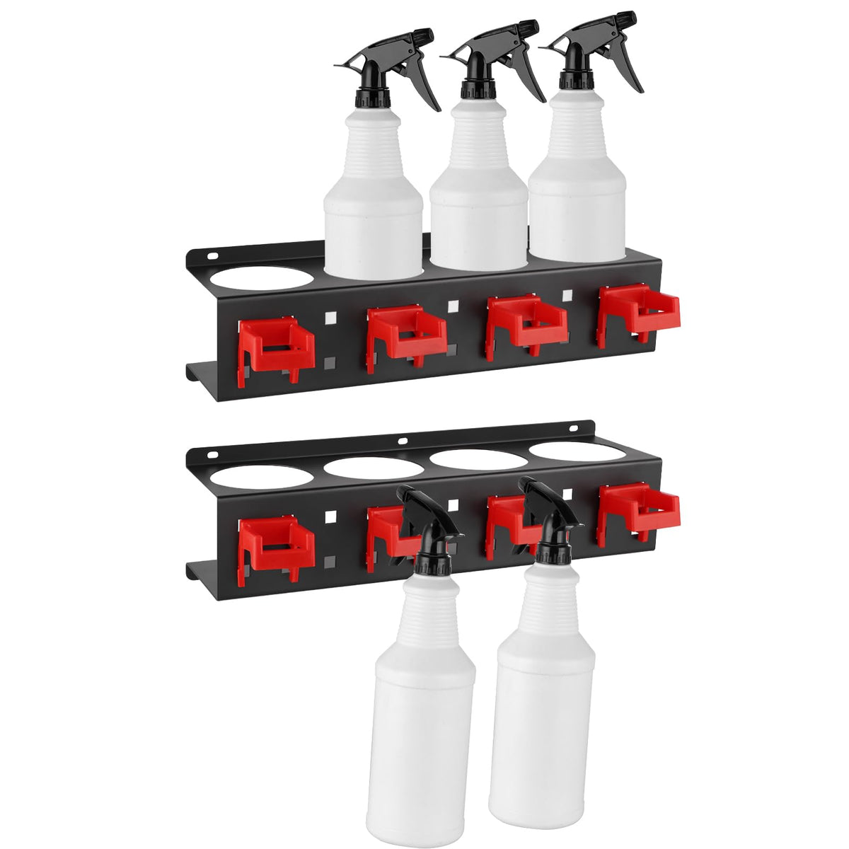 MOLIGOU spray bottle holder wall mount shows sturdy metal design for garage organization.