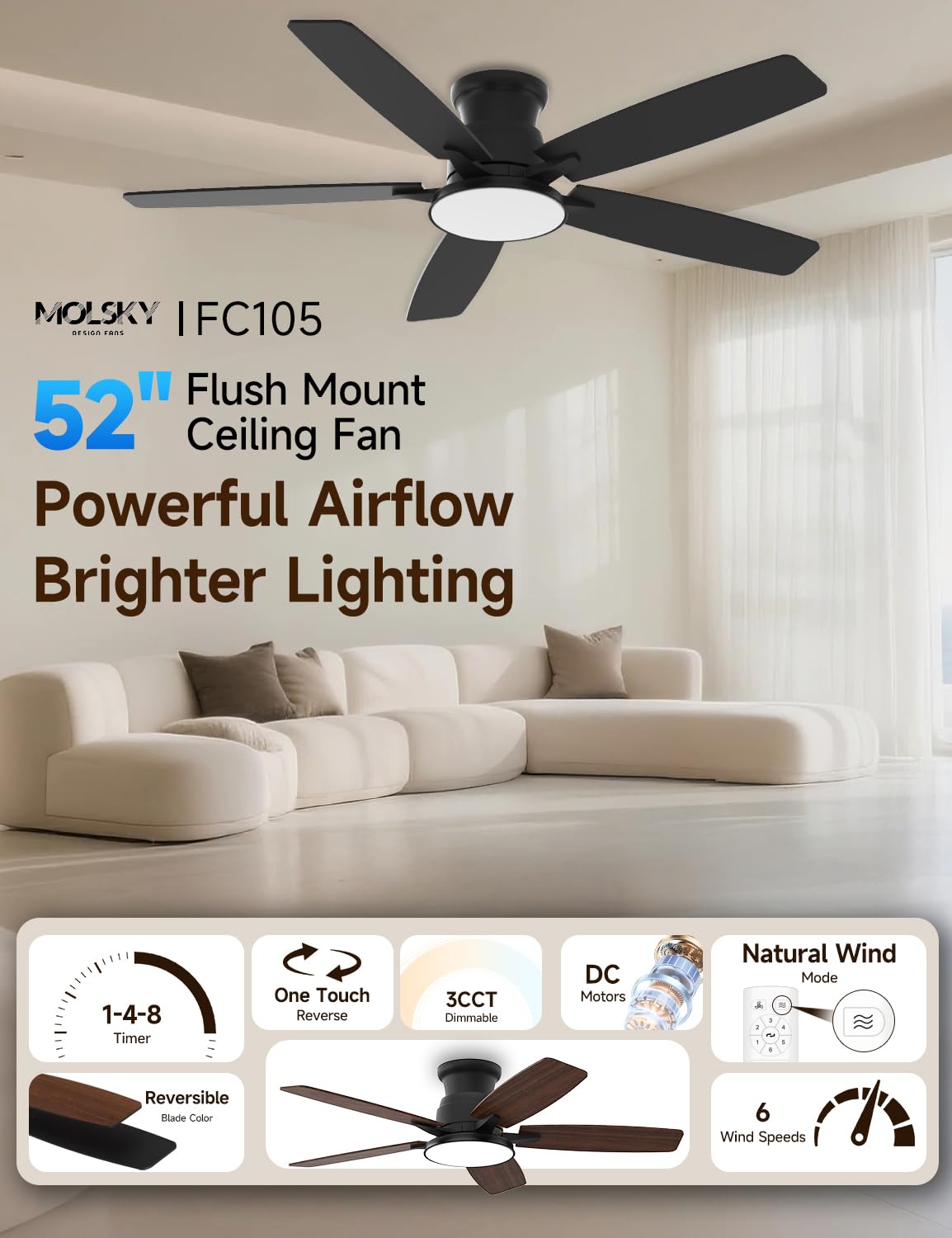 MOLSKY 52-inch LED light with remote dimming and color temperature options.