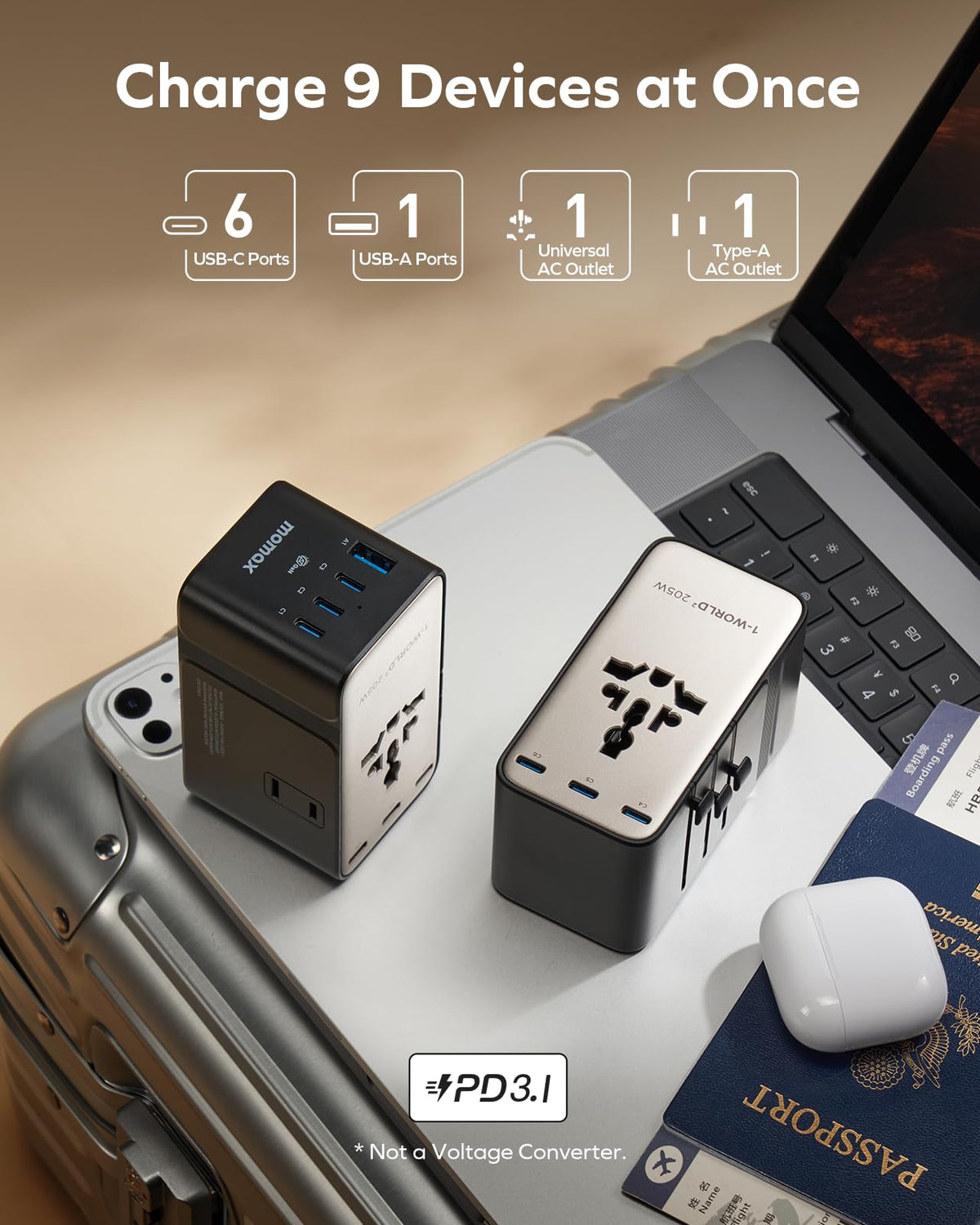 MOMAX 9-in-1 travel adapter country plugs covering 200+ destinations