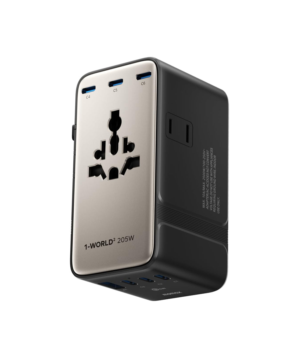 MOMAX 9-in-1 travel adapter front view showing compact GaN design for fast charging