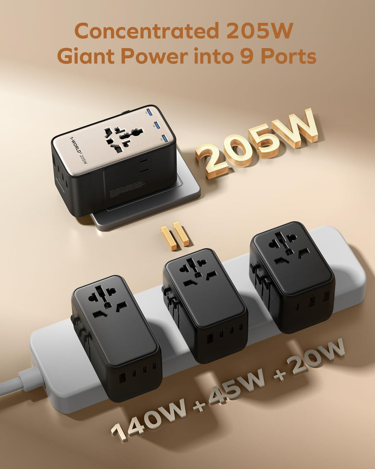 MOMAX 9-in-1 travel adapter side ports with USB-C and USB-A ready to power devices