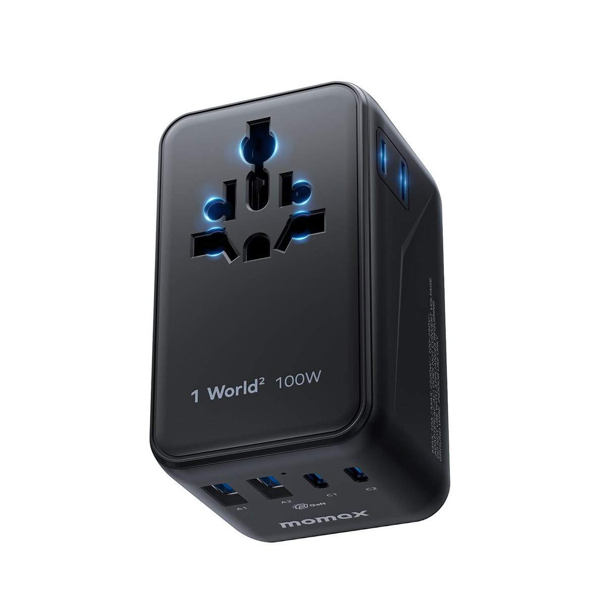 MOMAX Gan 100W travel adapter compact enables fast laptop charging on the go.