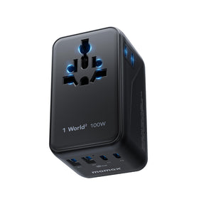 MOMAX Gan 100W travel adapter compact enables fast laptop charging on the go.
