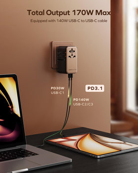 MOMAX GaN 170W fast charging area highlighting high-power laptop charging.