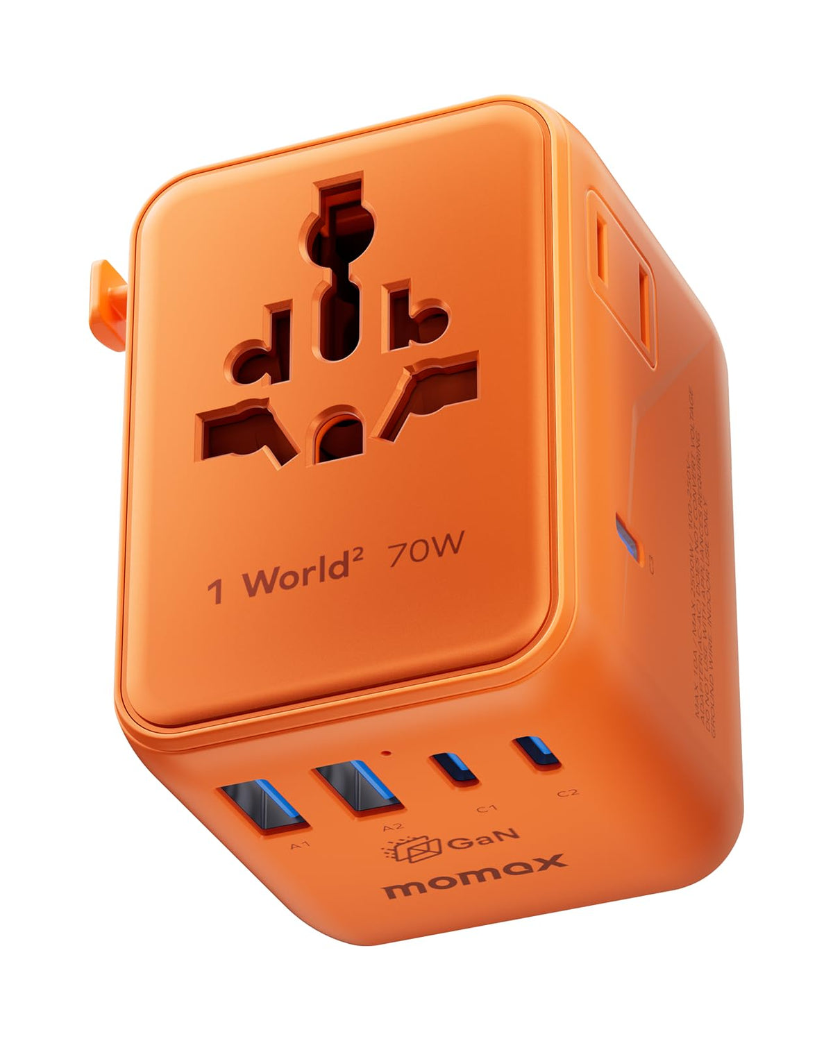 MOMAX Mini 7-in-1 travel adapter with dual AC ports for laptop charging on the road
