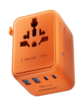 MOMAX Mini 7-in-1 travel adapter with dual AC ports for laptop charging on the road