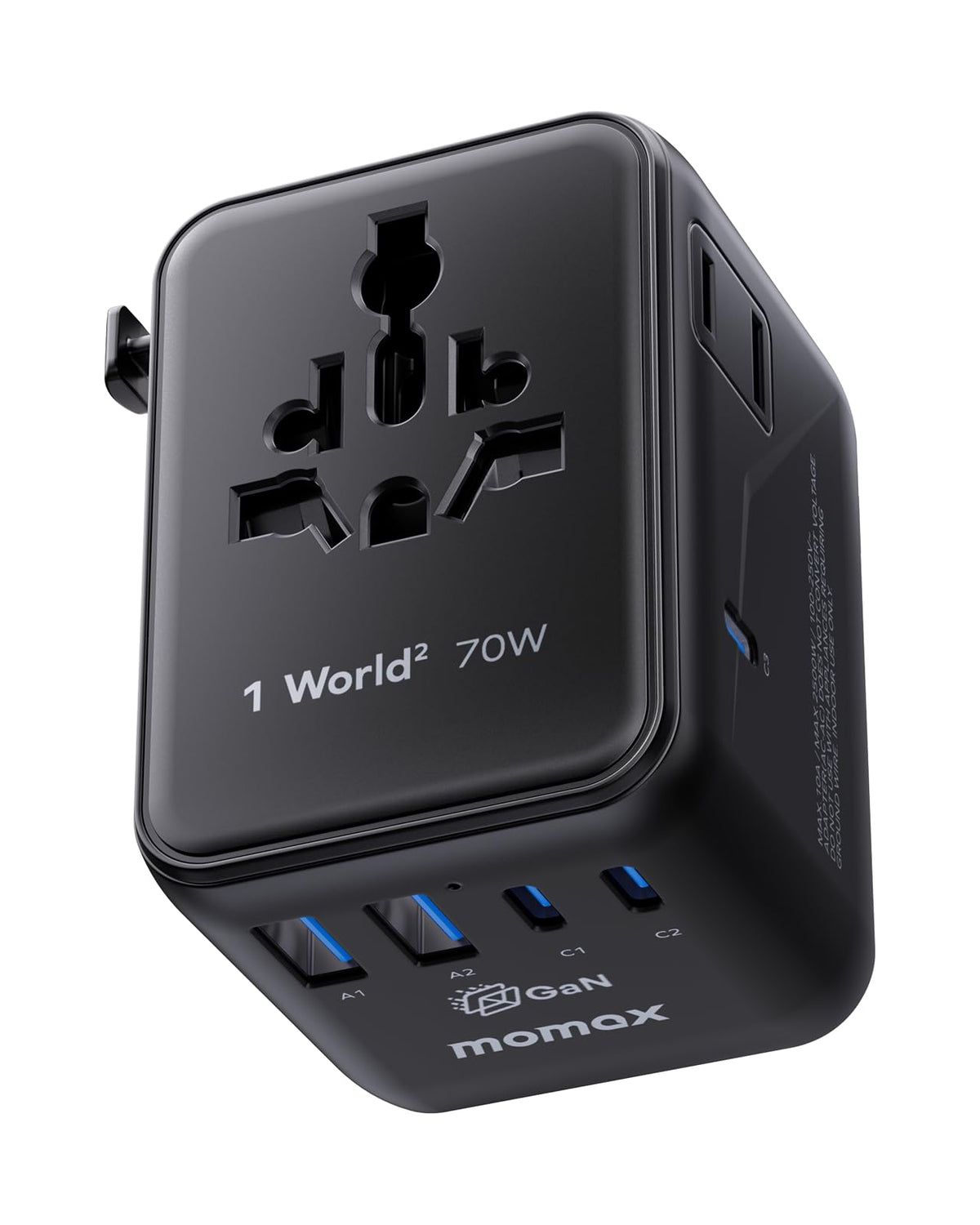 MOMAX Mini 7-in-1 travel adapter front view showing full port array