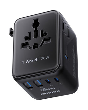 MOMAX Mini 7-in-1 travel adapter front view showing full port array