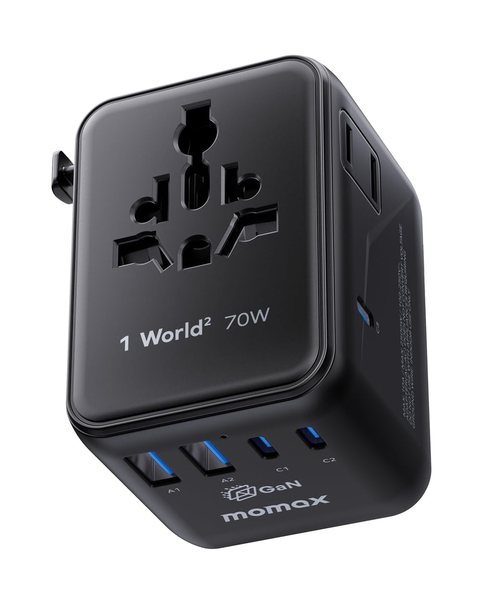 MOMAX Mini 7-in-1 travel adapter front view showing full port array
