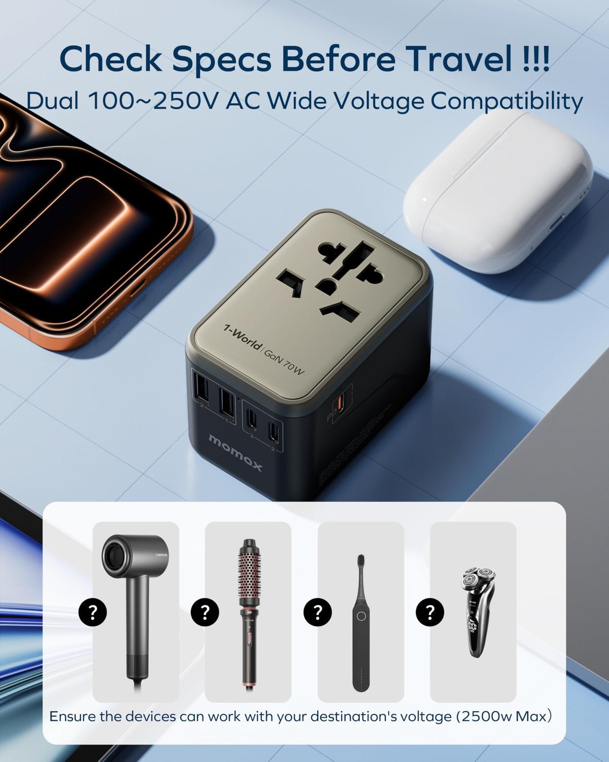 MOMAX travel adapter on cruise ships for easy charging.