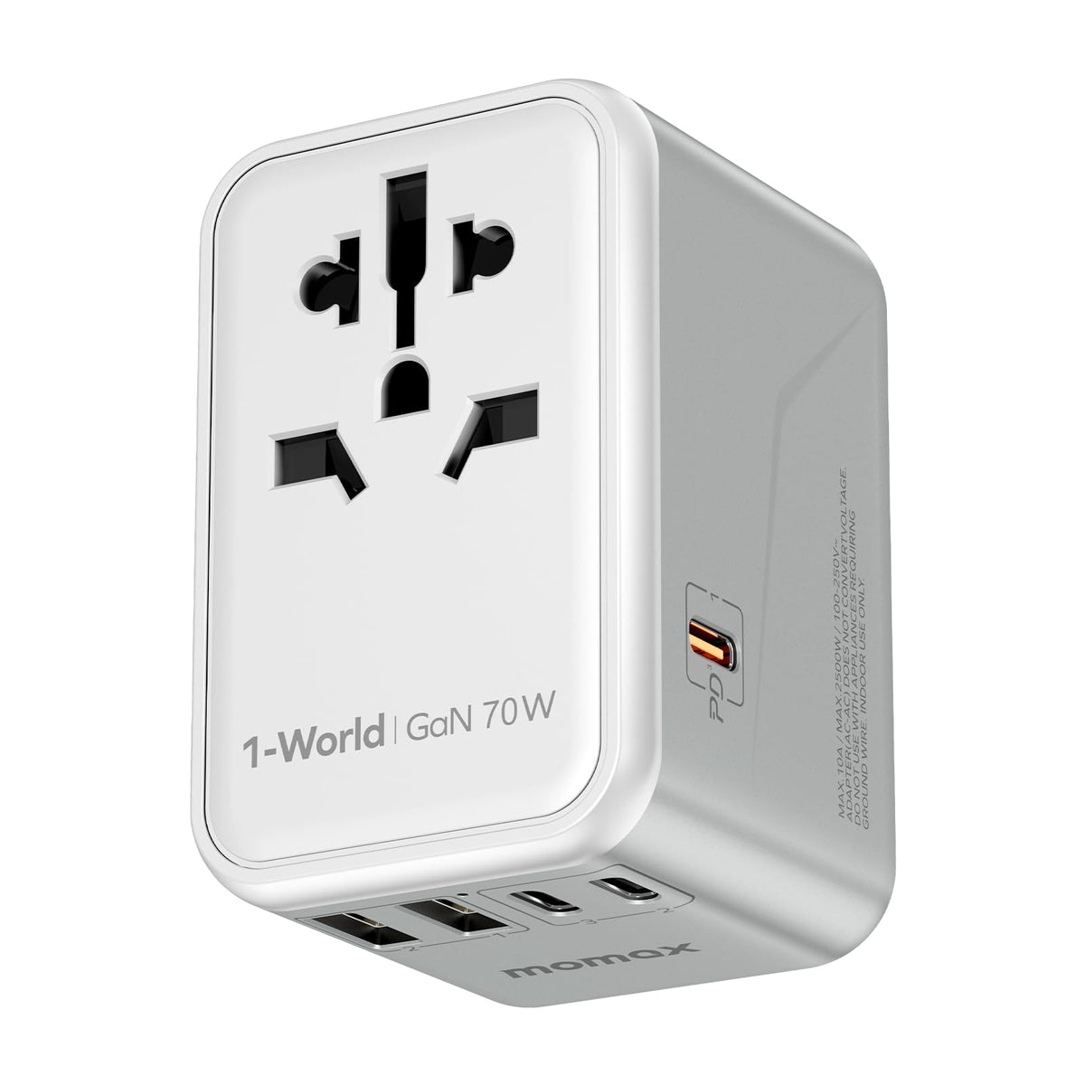 MOMAX Universal Travel Adapter front view; compact all-in-one charger for global trips.