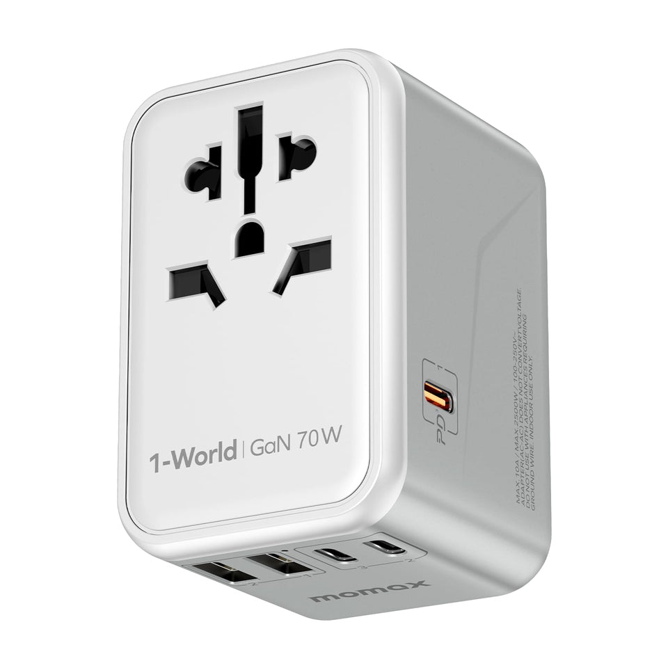 MOMAX Universal Travel Adapter front view; compact all-in-one charger for global trips.