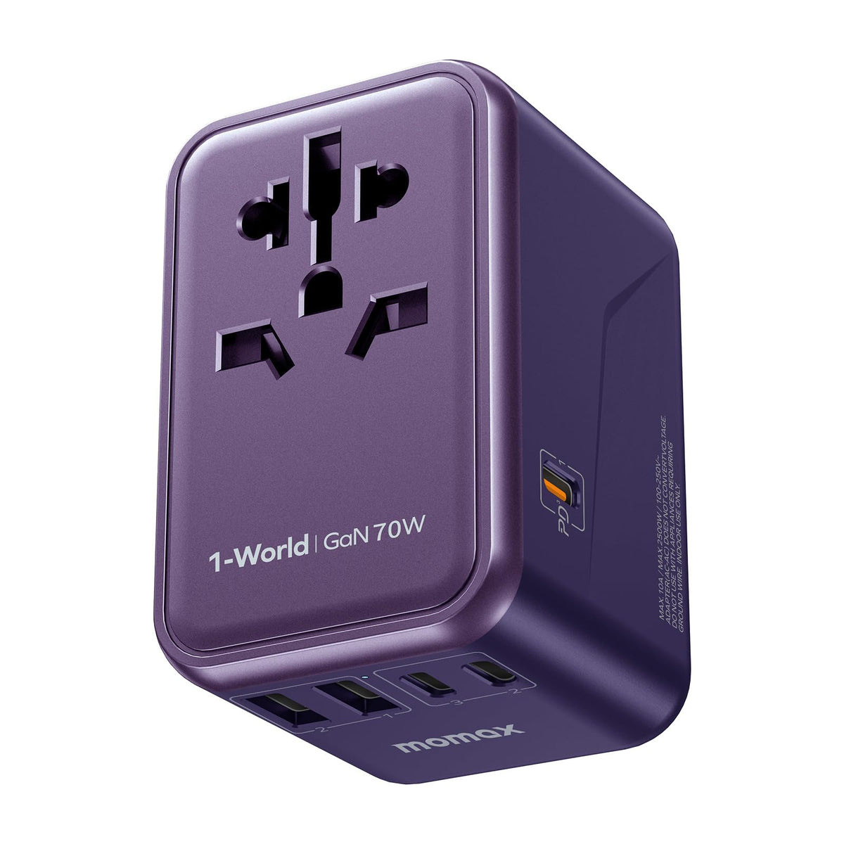 MOMAX universal travel adapter front view with 6-in-1 ports for global charging