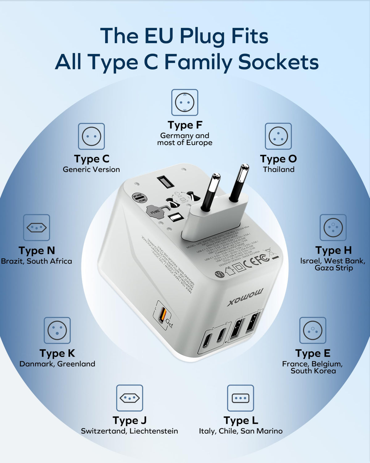 MOMAX cruise-ready note; compact adapter suitable for ship travel.