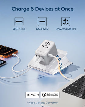 MOMAX adapter with USB-C PD ports; supports high speed charging on the go.