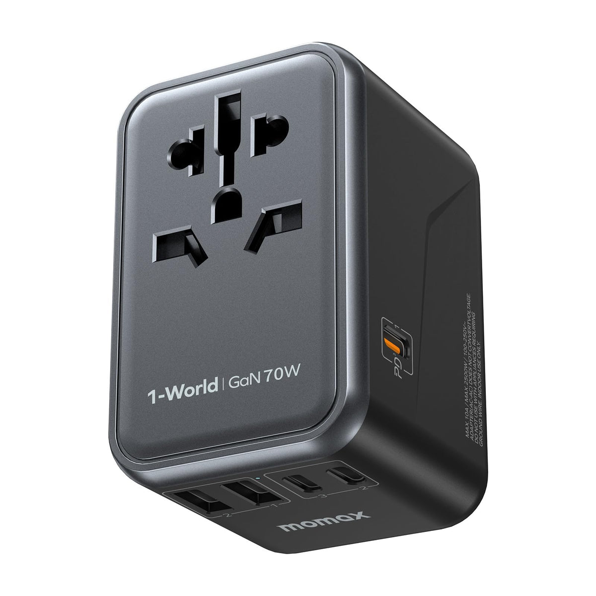 Momax universal travel adapter 70W GaN powering laptops and phones worldwide