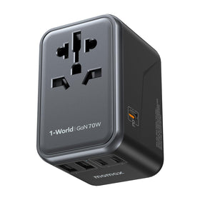Momax universal travel adapter 70W GaN powering laptops and phones worldwide