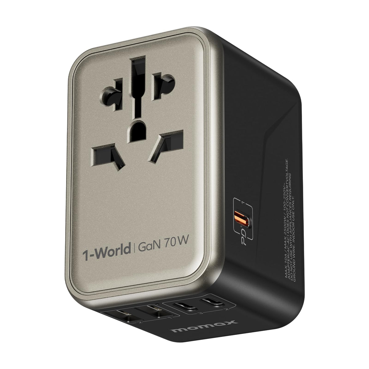 MOMAX universal travel adapter front view, compact all-in-one design for travelers.