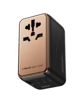 MOMAX universal travel adaptor front view with global plug types for worldwide charging.