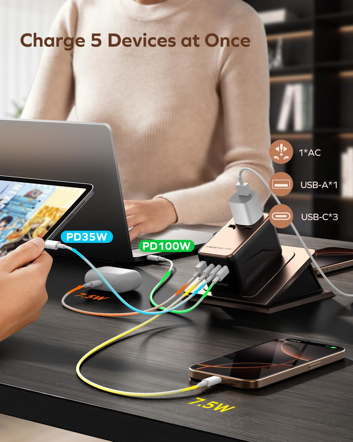 MOMAX USB-C PD and USB-A QC ports in an ergonomic layout for simultaneous devices.