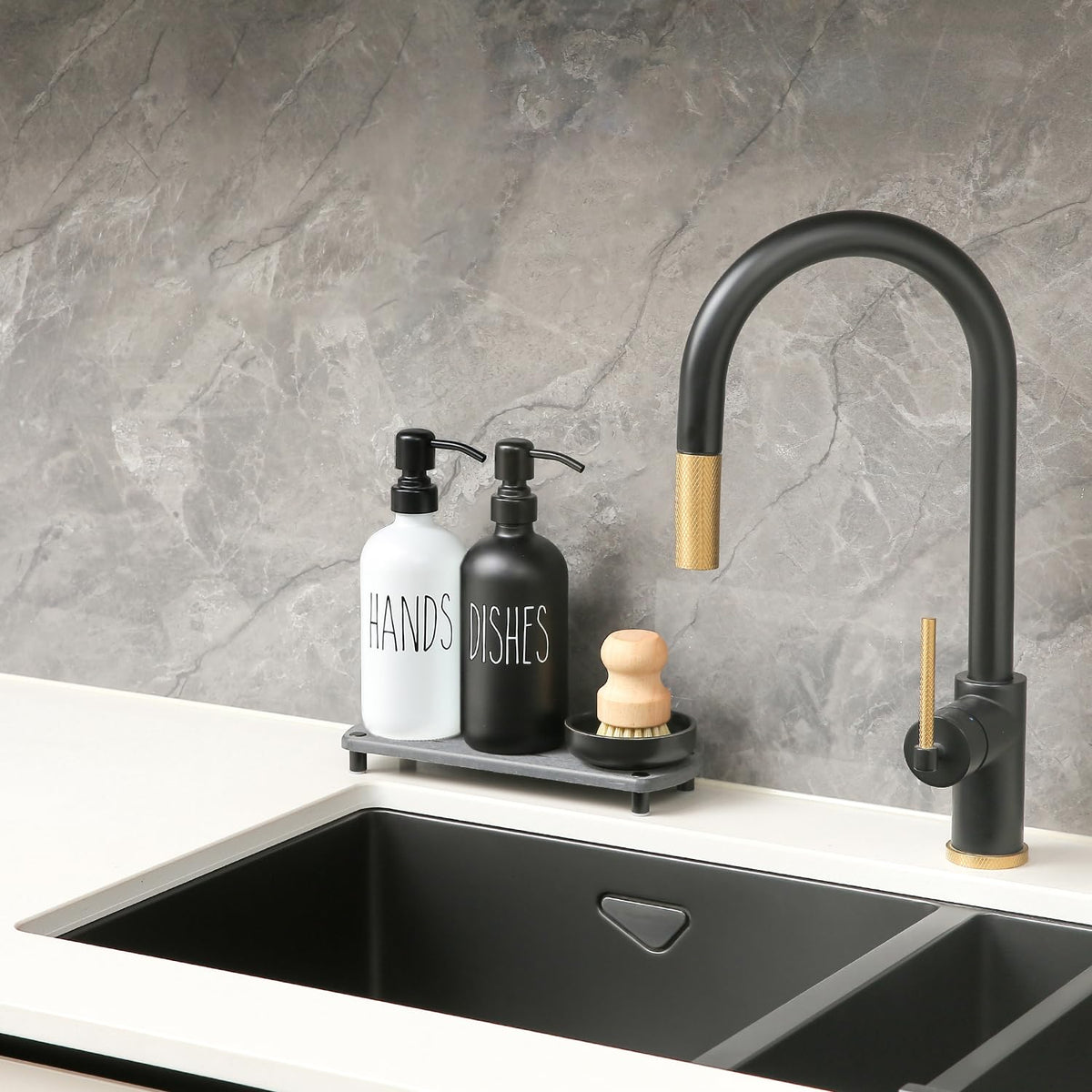 MOMEEMO kitchen dish brush showcases durable bristles for effective cleaning near the sink