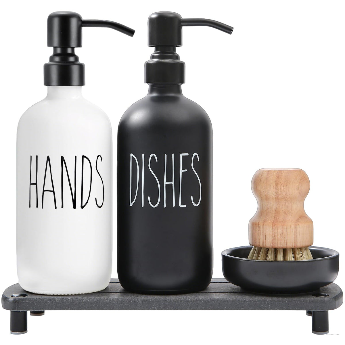 MOMEEMO soap dispenser with stainless pumps adds sleek practicality to a black kitchen