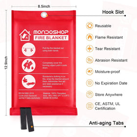 Mondoshop fire blanket closeup fiberglass texture emphasizes durable heat resistance.