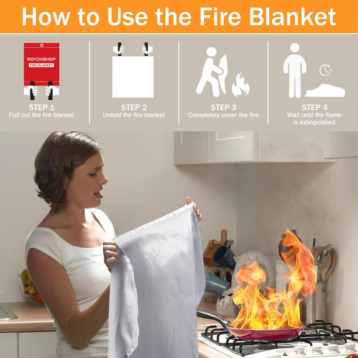 Mondoshop fire blanket folded storage shows easy-to-access safety gear.