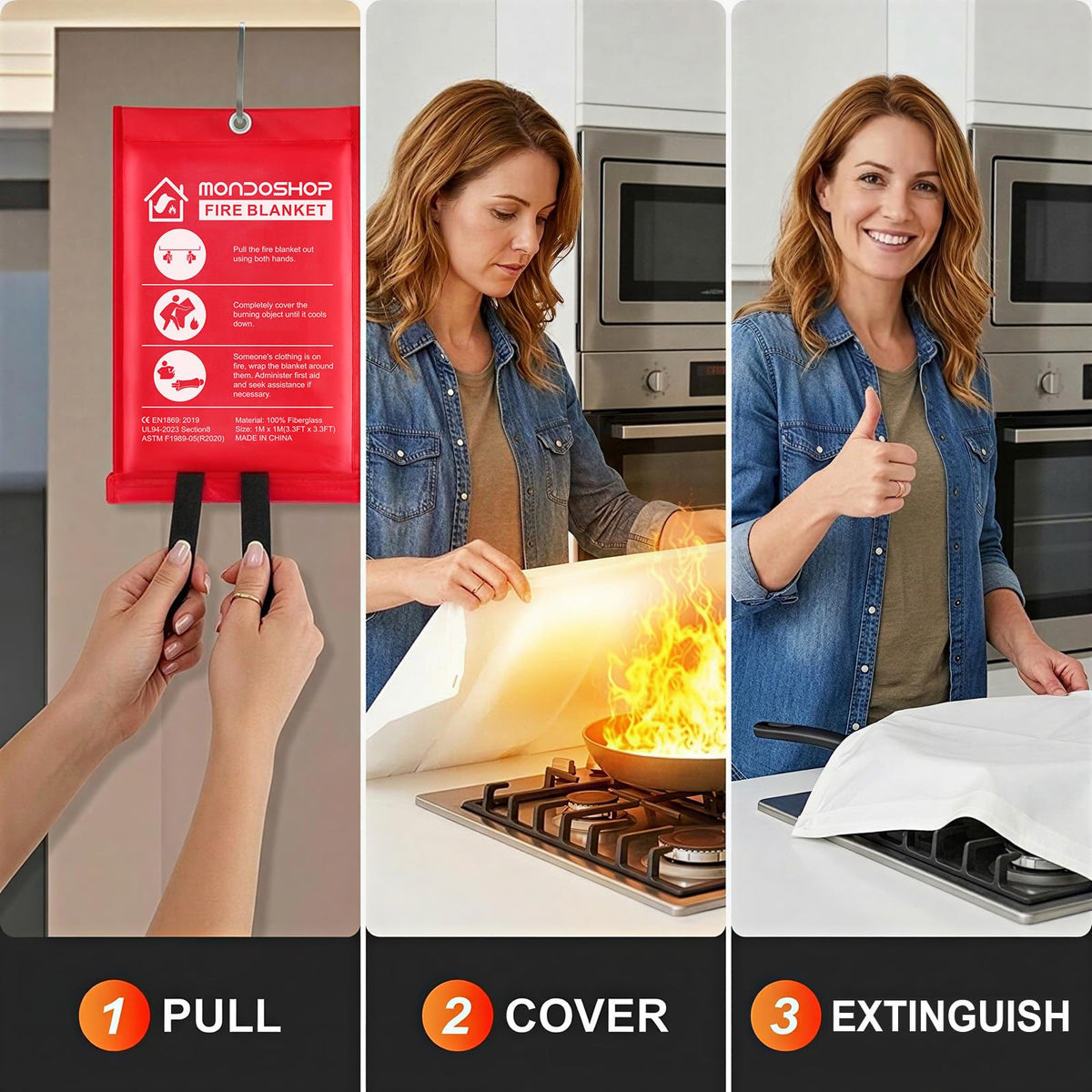 Mondoshop fire blanket for kitchen fires, rapid flame suppression for oil splatters.